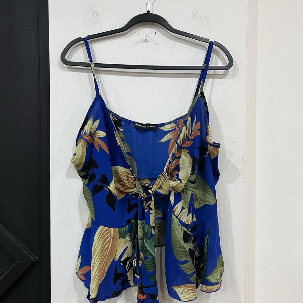 Fashion To Figure Blue Floral Tie Front Tank Women’s Plus 1X Vacation Beach